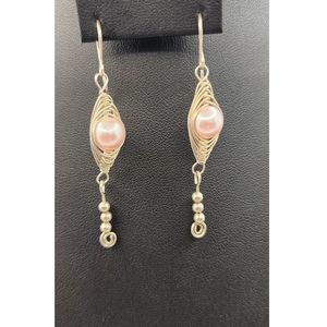 Pink Faux Pearl Gold Tone Dangle Drop Earrings